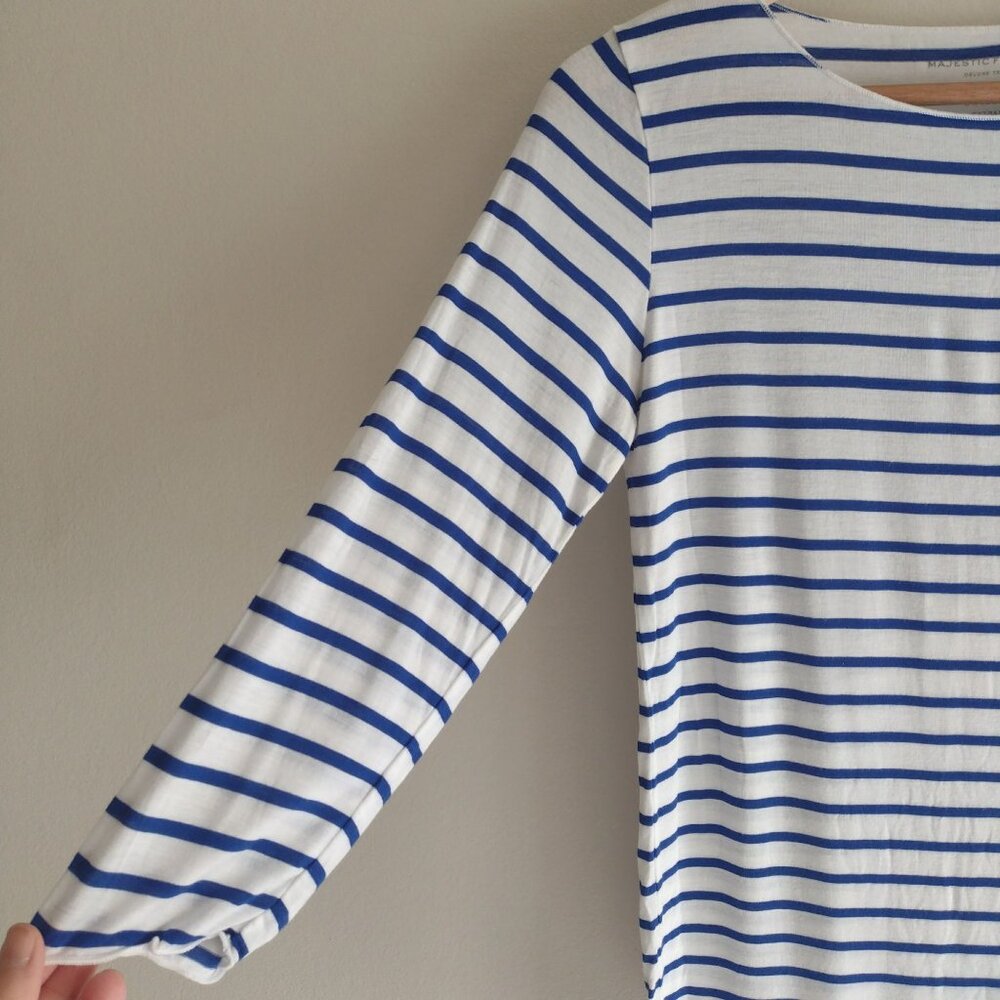 Majestic Filatures Striped Tee Sz 2/S Soft Touch Blue White Deluxe Tshirt - Picture 3 of 8